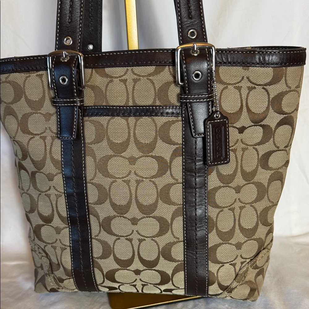 COACH Signature Hampton Tote Bag Brown Tan Monogram Canvas Leather Classic Y2K